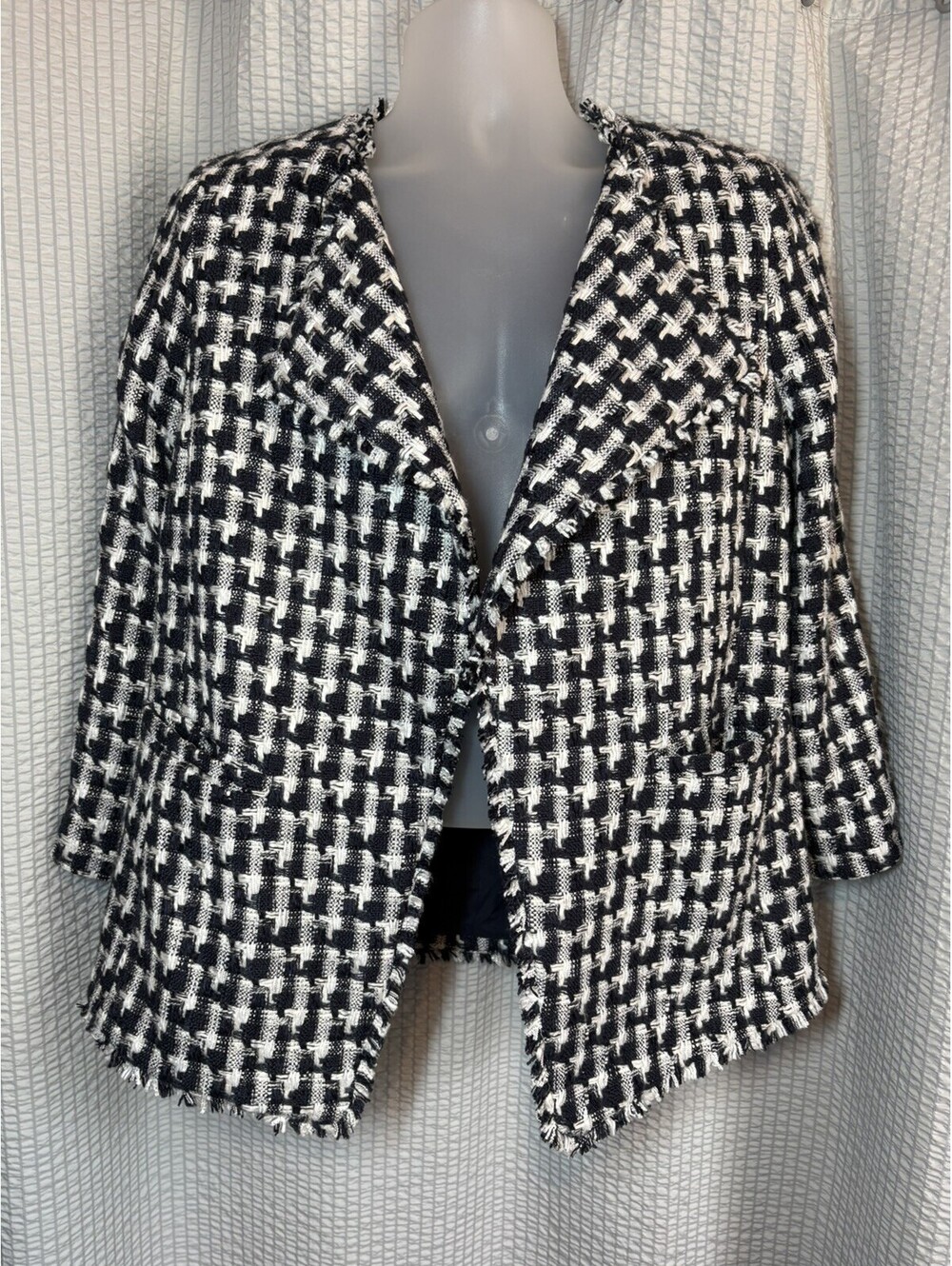 Ann Taylor Houndstooth Tweed Open Front Blazer Fringe Trim Size Med